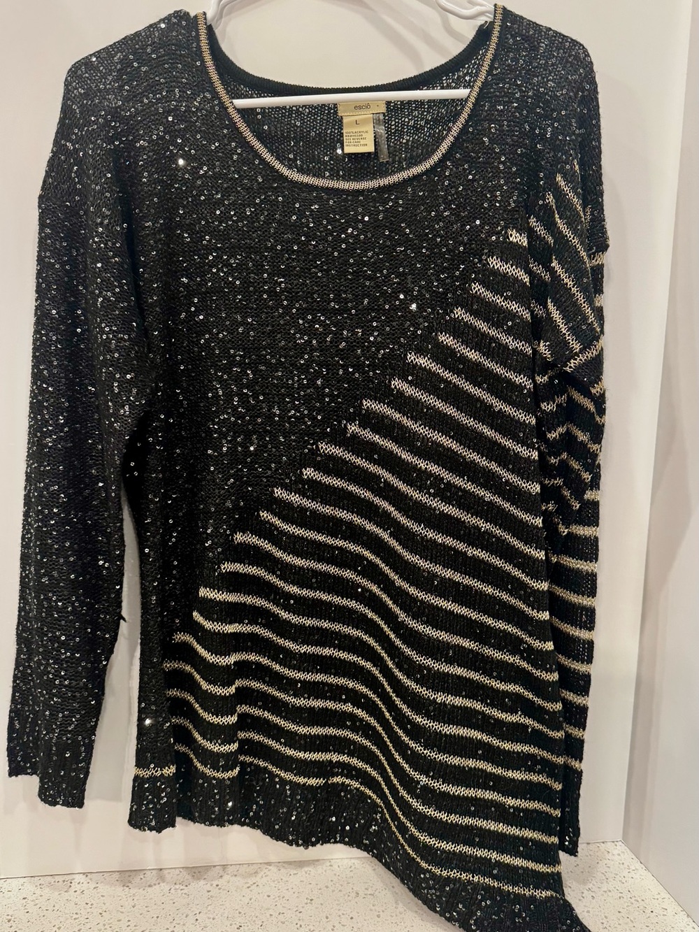 Esprit Black Sweater with Gold Metallic Stripes - Size L